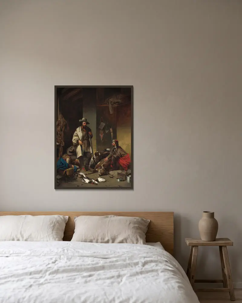 Die Hütte des Fallenstellers von John Mix Stanley gerahmt an einer Wand
