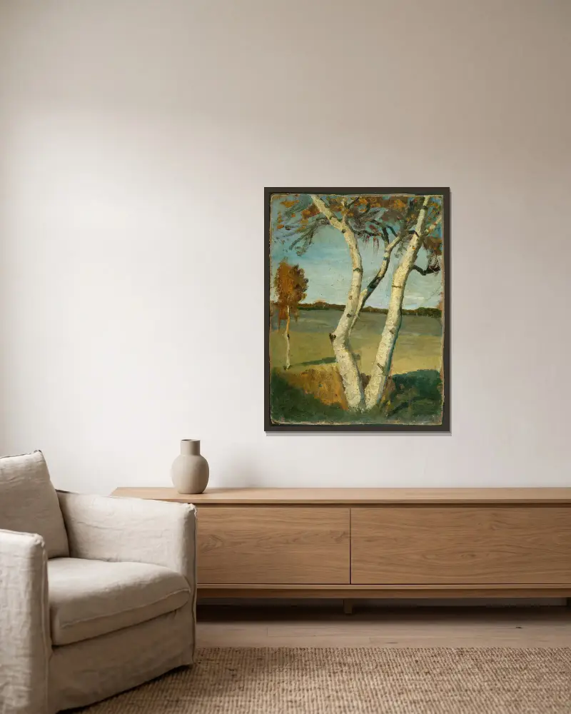 Birke in einer Landschaft von Paula Modersohn-Becker gerahmt an einer Wand