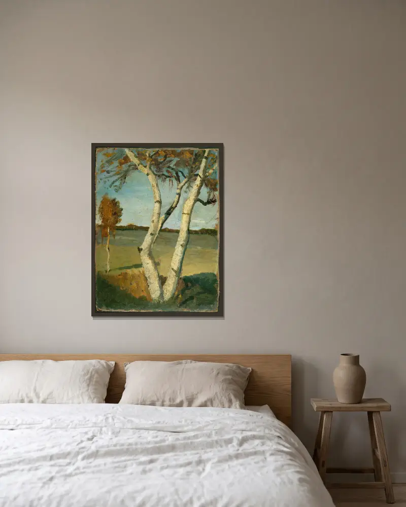 Birke in einer Landschaft von Paula Modersohn-Becker gerahmt an einer Wand