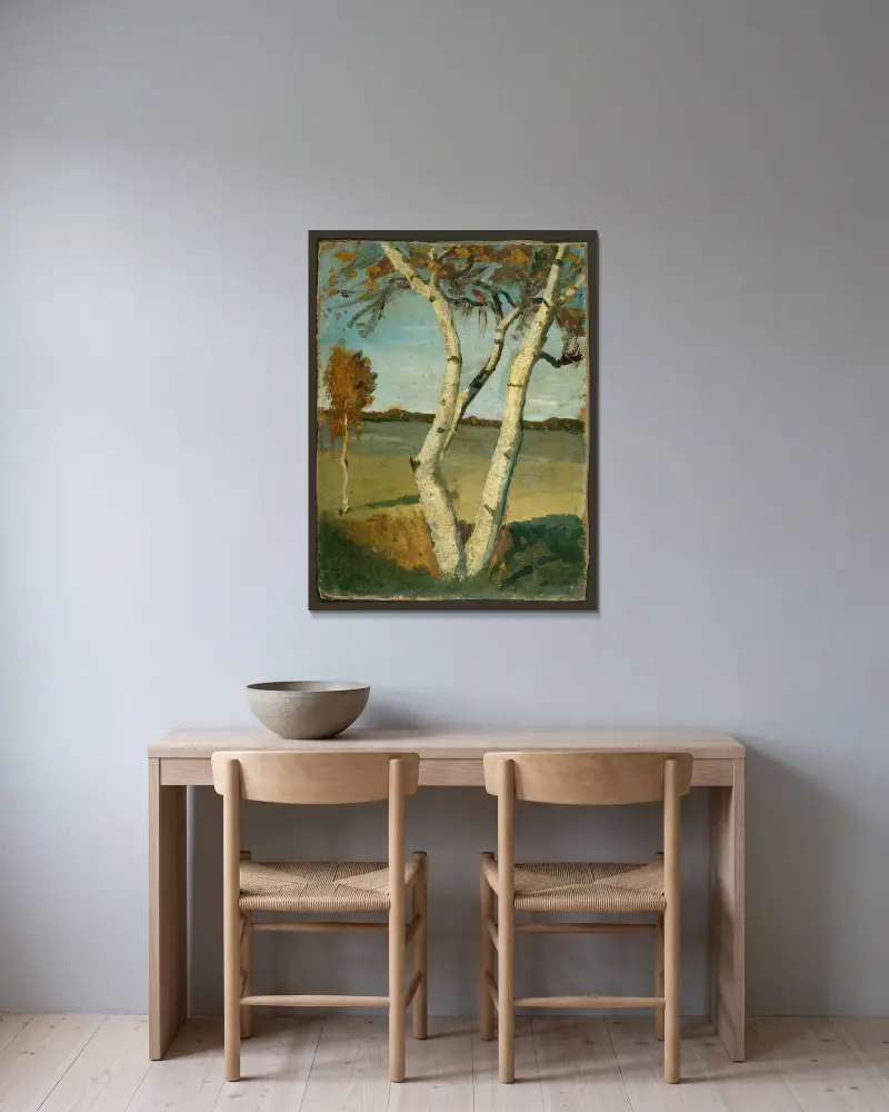 Birke in einer Landschaft von Paula Modersohn-Becker gerahmt an einer Wand