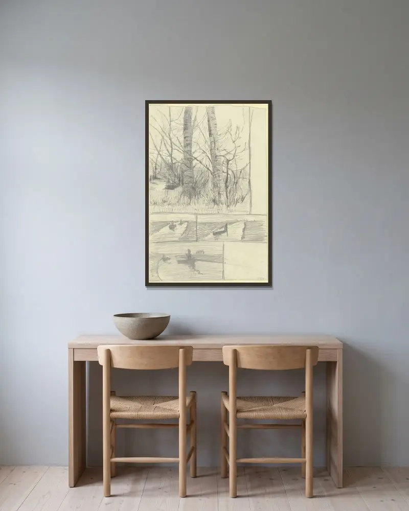 Birkenstämme; Drei Studien eines Moorkanals mit Kähnen von Paula Modersohn-Becker gerahmt an einer Wand