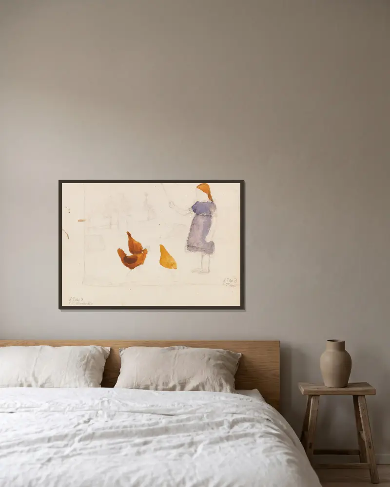 Elsbeth mit Hühnern von Paula Modersohn-Becker gerahmt an einer Wand