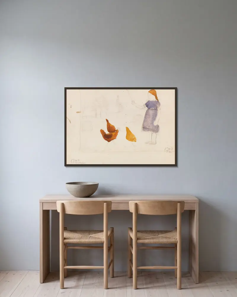 Elsbeth mit Hühnern von Paula Modersohn-Becker gerahmt an einer Wand