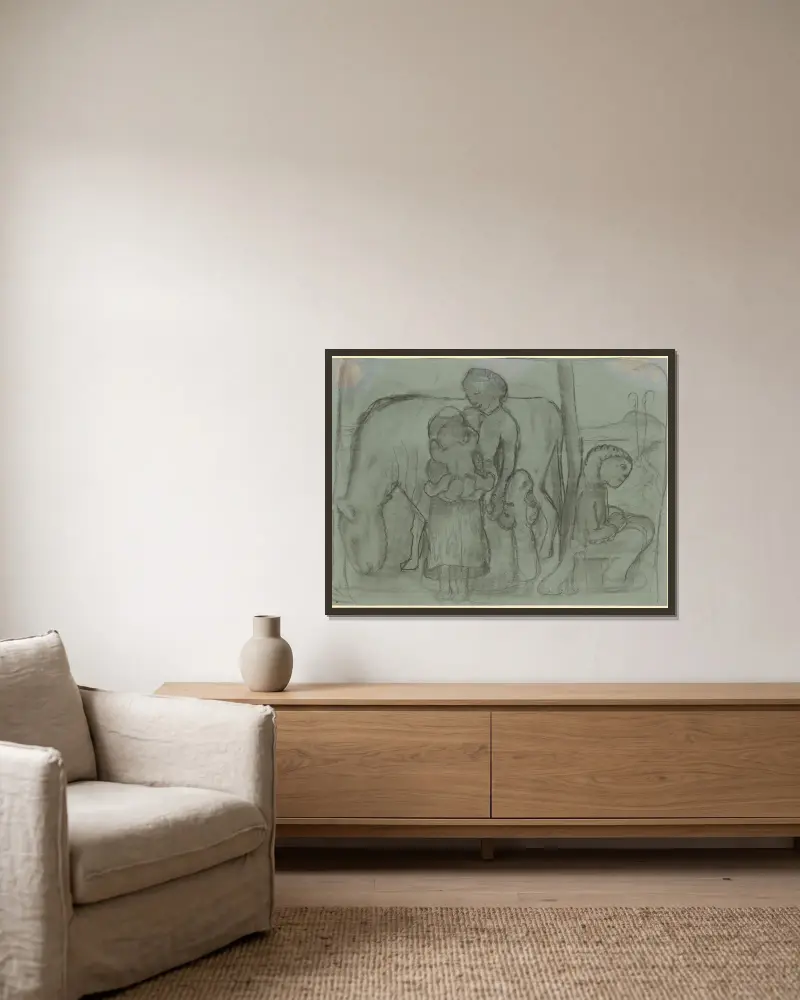 Five children, donkey and dog av Paula Modersohn-Becker inramad på en vägg