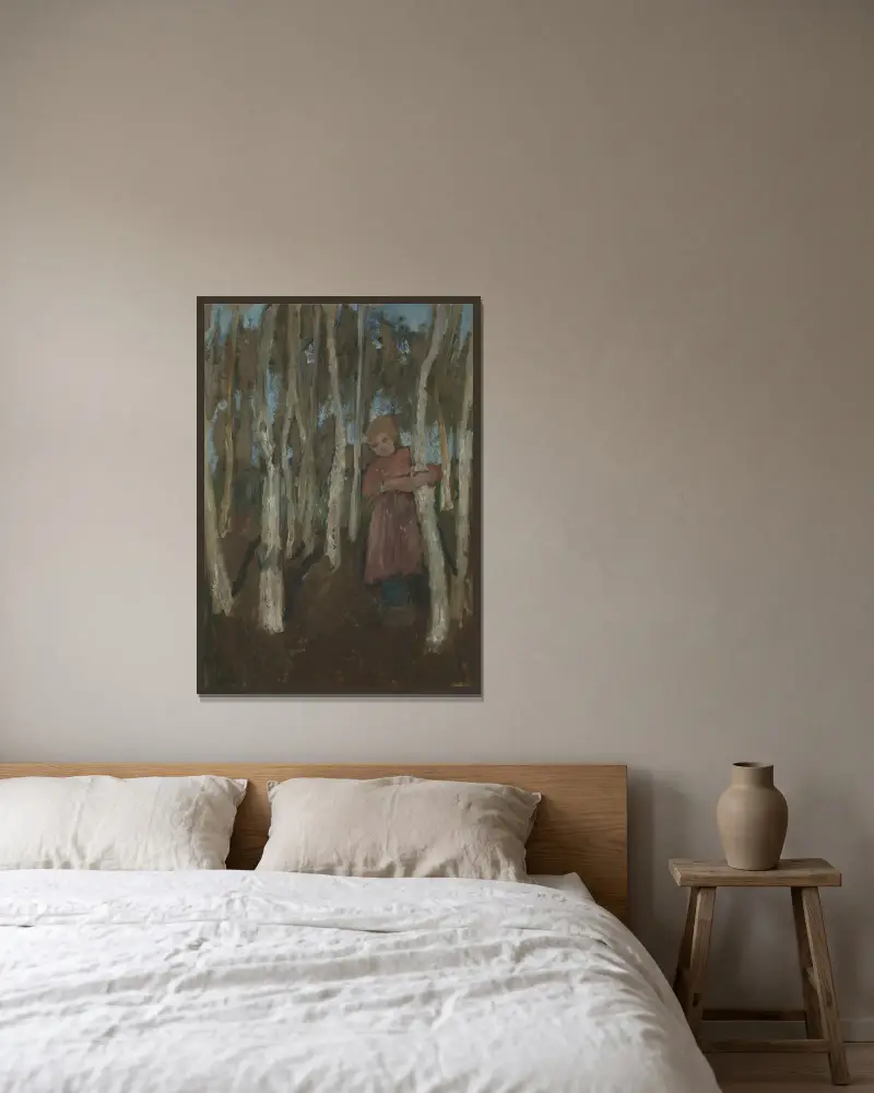 Mädchen im Birkenwald von Paula Modersohn-Becker gerahmt an einer Wand