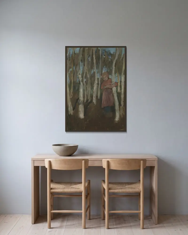 Mädchen im Birkenwald von Paula Modersohn-Becker gerahmt an einer Wand