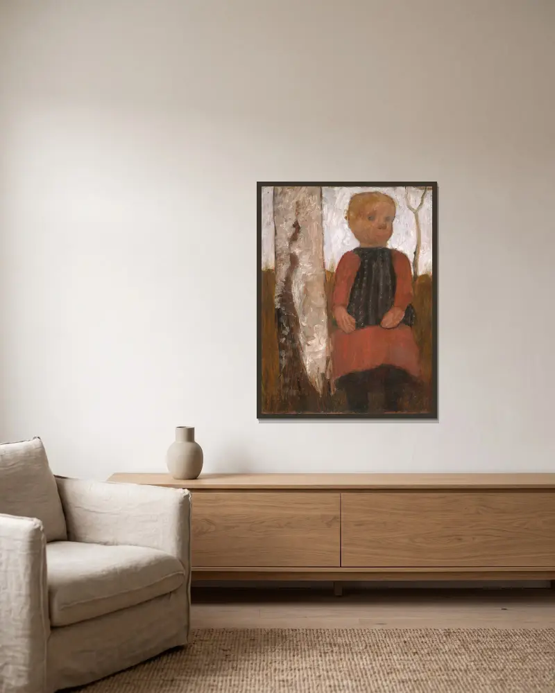 Flicka i röd klänning av Paula Modersohn-Becker inramad på en vägg
