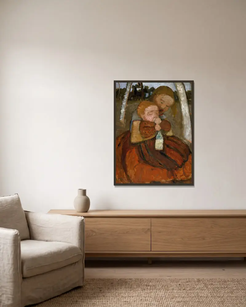 Flicka med baby bland björkar av Paula Modersohn-Becker inramad på en vägg