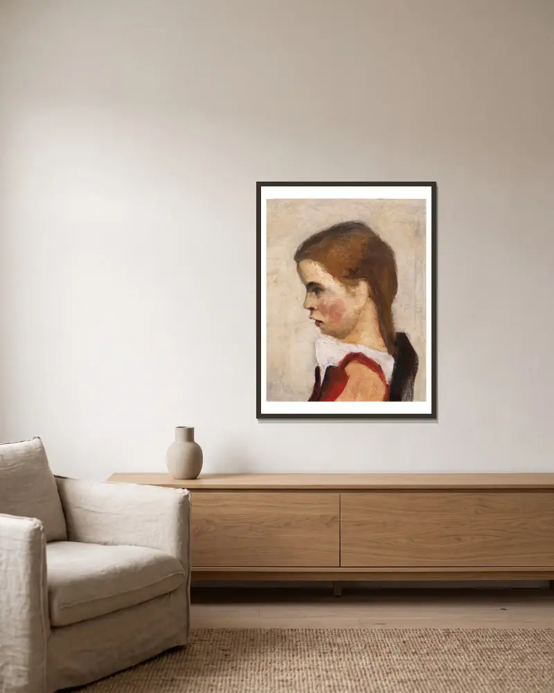 Kopf eines sitzenden Mädchens, nach links av Paula Modersohn-Becker inramad på en vägg
