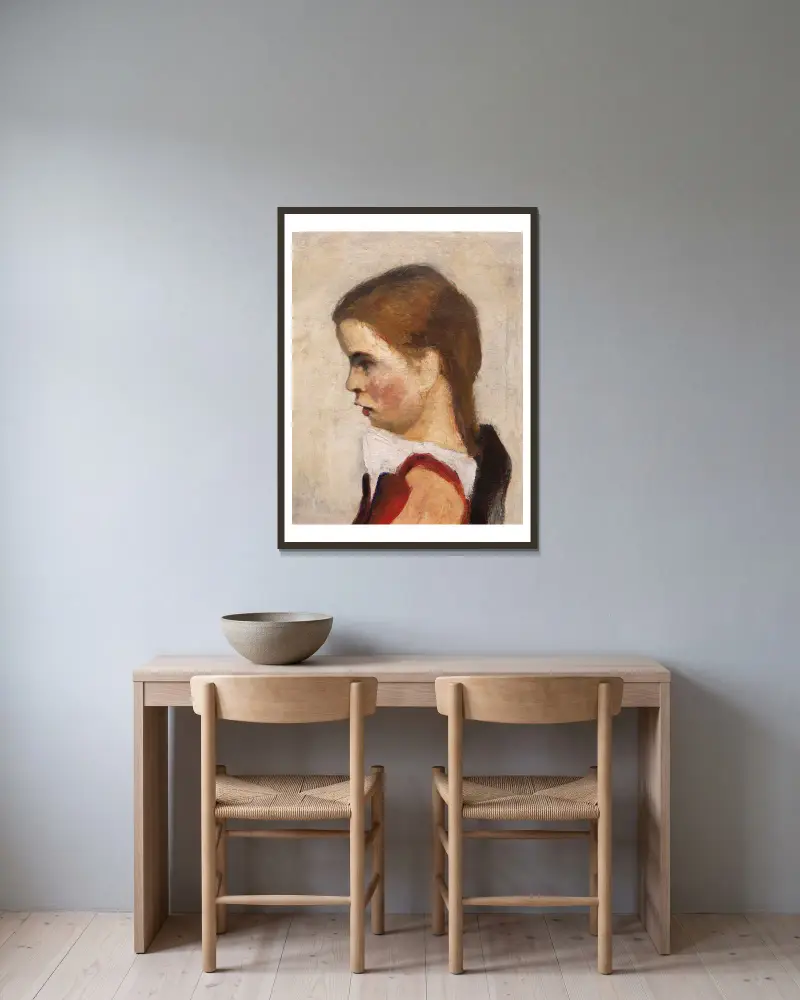Kopf eines sitzenden Mädchens, nach links av Paula Modersohn-Becker inramad på en vägg