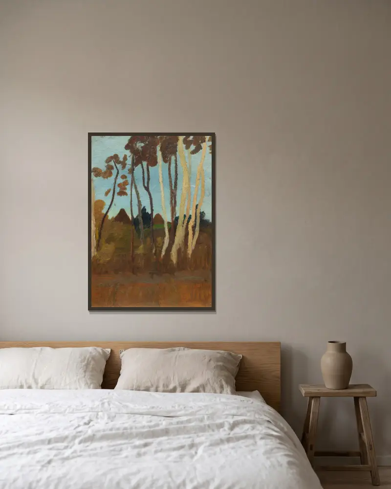 Landskap med björkar, i bakgrunden två husgavlar av Paula Modersohn-Becker inramad på en vägg
