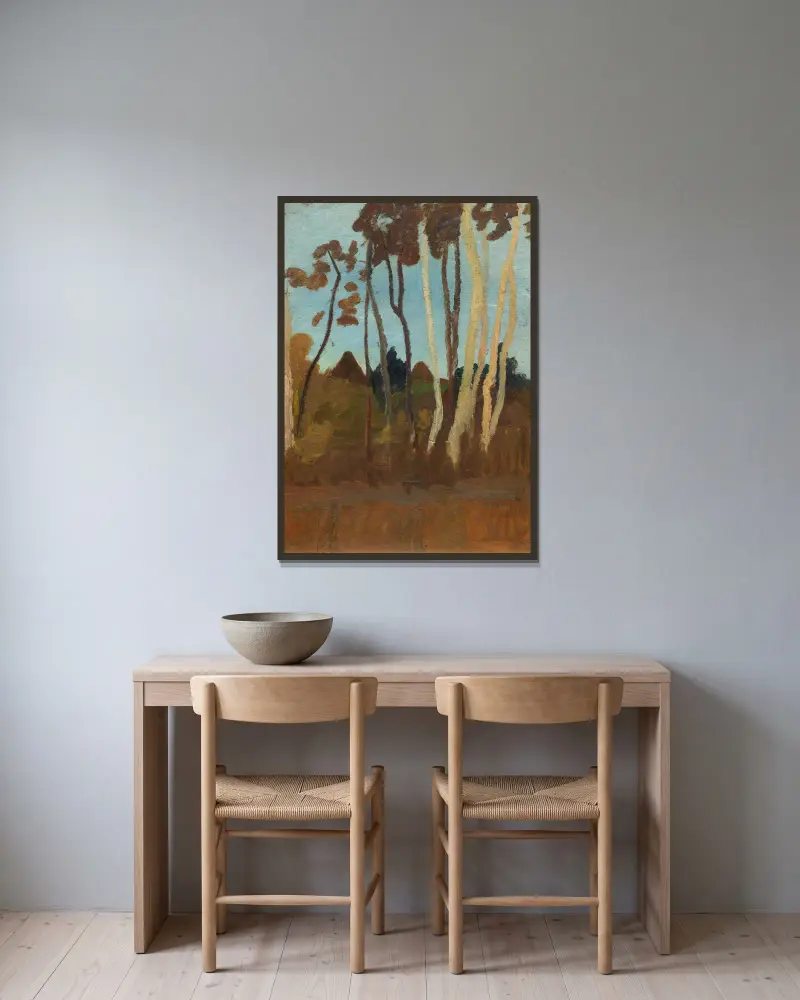 Landskap med björkar, i bakgrunden två husgavlar av Paula Modersohn-Becker inramad på en vägg