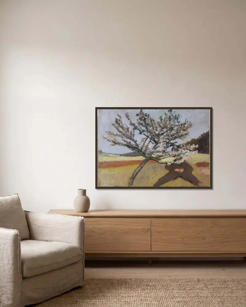 Mann unter einem blühenden Baum liegend von Paula Modersohn-Becker gerahmt an einer Wand