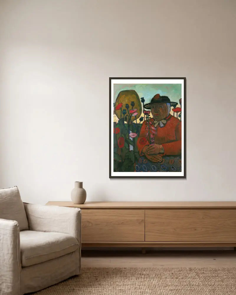 Gammal fattig kvinna med glaskula och vallmor av Paula Modersohn-Becker inramad på en vägg