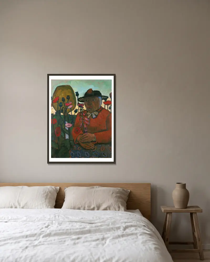Gammal fattig kvinna med glaskula och vallmor av Paula Modersohn-Becker inramad på en vägg
