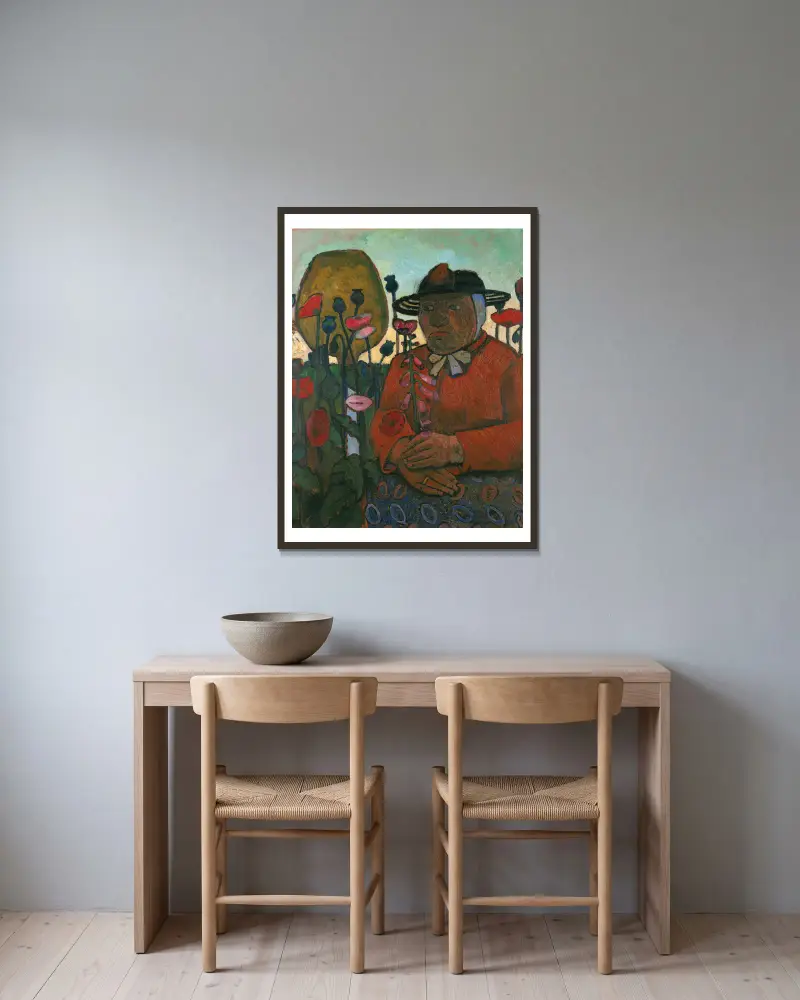 Gammal fattig kvinna med glaskula och vallmor av Paula Modersohn-Becker inramad på en vägg