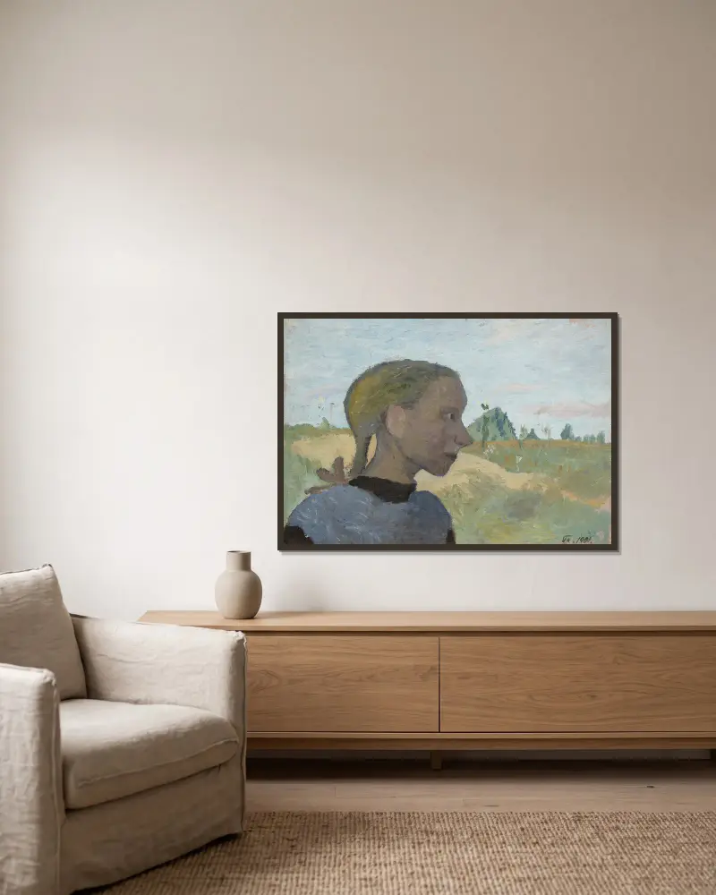 Porträtt av en flicka av Paula Modersohn-Becker inramad på en vägg