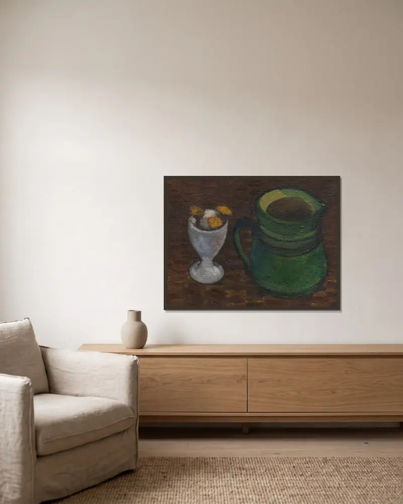 Stillleben mit Eierbecher und grünem Henkeltopf av Paula Modersohn-Becker inramad på en vägg
