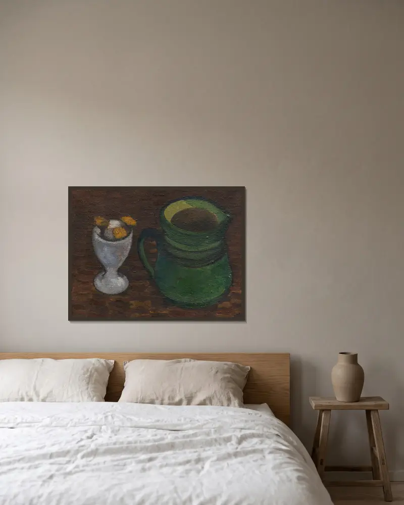 Stillleben mit Eierbecher und grünem Henkeltopf av Paula Modersohn-Becker inramad på en vägg