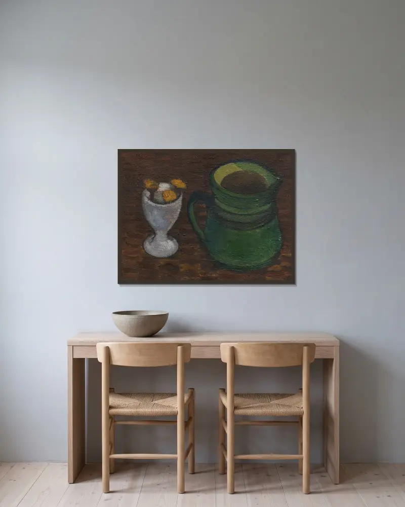 Stillleben mit Eierbecher und grünem Henkeltopf av Paula Modersohn-Becker inramad på en vägg