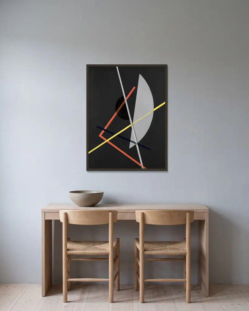 E IV (Konstruktion VII) av László Moholy-Nagy inramad på en vägg