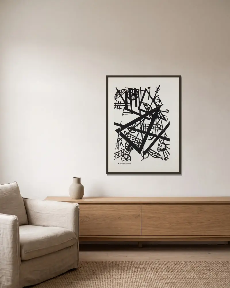 Fametszet von László Moholy-Nagy gerahmt an einer Wand