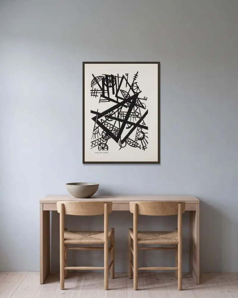 Fametszet von László Moholy-Nagy gerahmt an einer Wand