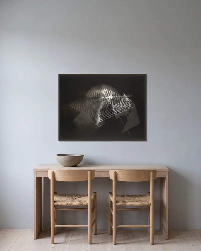 Fotogramm, 1922 von László Moholy-Nagy gerahmt an einer Wand