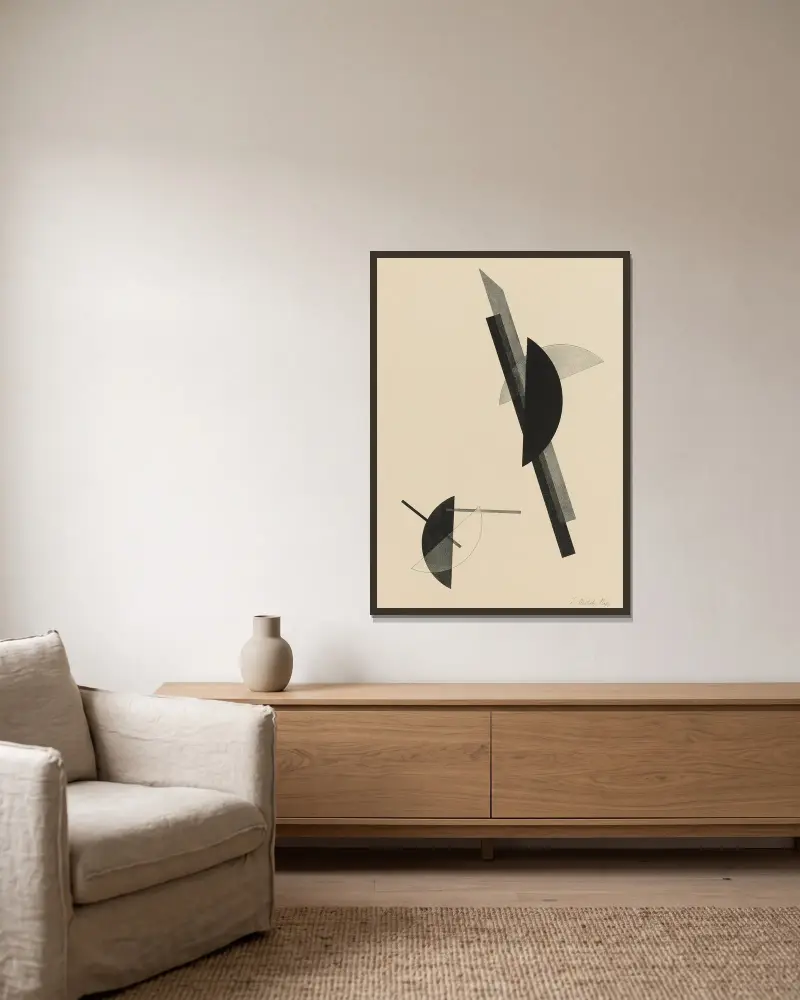 Kestnermappe; Komposition (eine Platte), 1922 – Nr. 2 von László Moholy-Nagy gerahmt an einer Wand