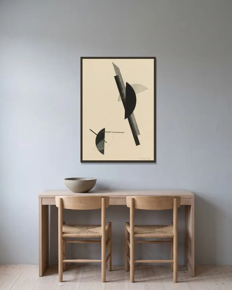 Kestnermappe; Komposition (eine Platte), 1922 – Nr. 2 von László Moholy-Nagy gerahmt an einer Wand