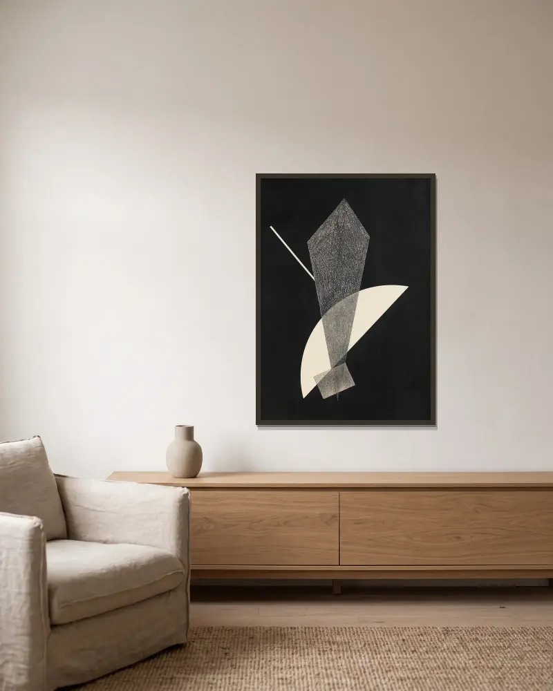 Konstruktion V von László Moholy-Nagy gerahmt an einer Wand