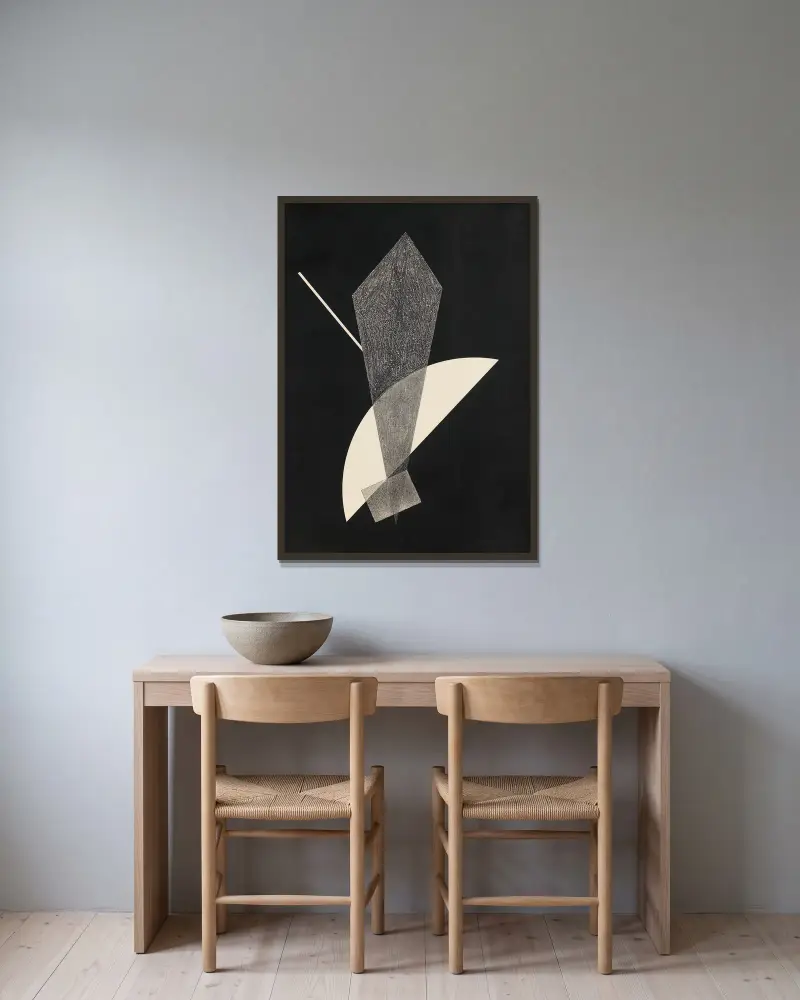 Konstruktion V von László Moholy-Nagy gerahmt an einer Wand