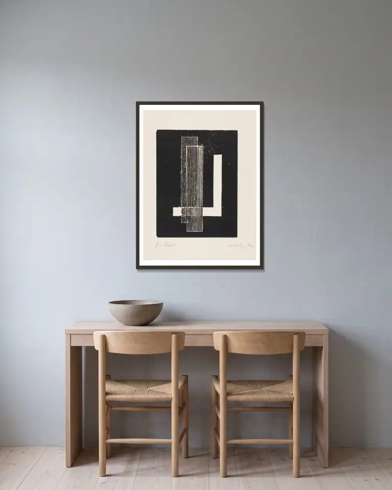Ohne Titel av László Moholy-Nagy inramad på en vägg