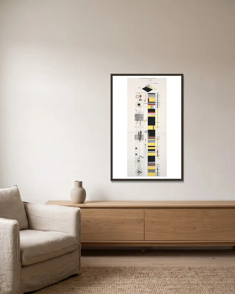 Partiturskizze zu einer mechanischen Exzentrik von László Moholy-Nagy gerahmt an einer Wand