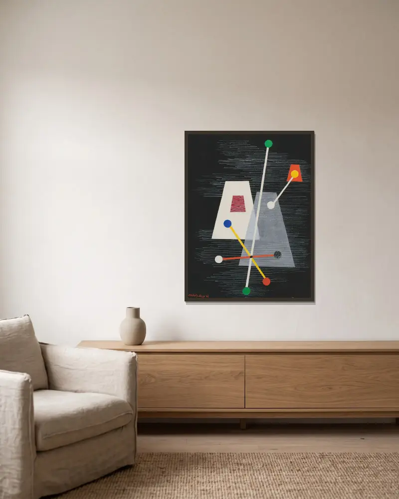 Abgeschnittene Pyramiden von László Moholy-Nagy gerahmt an einer Wand