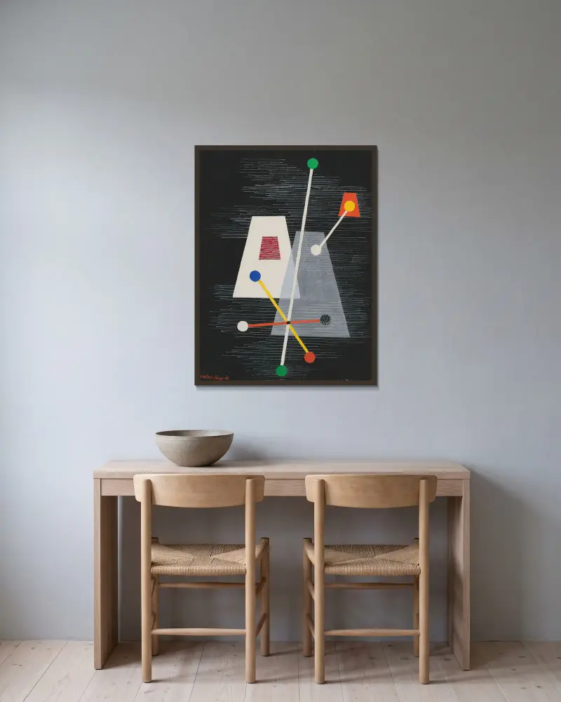 Abgeschnittene Pyramiden von László Moholy-Nagy gerahmt an einer Wand