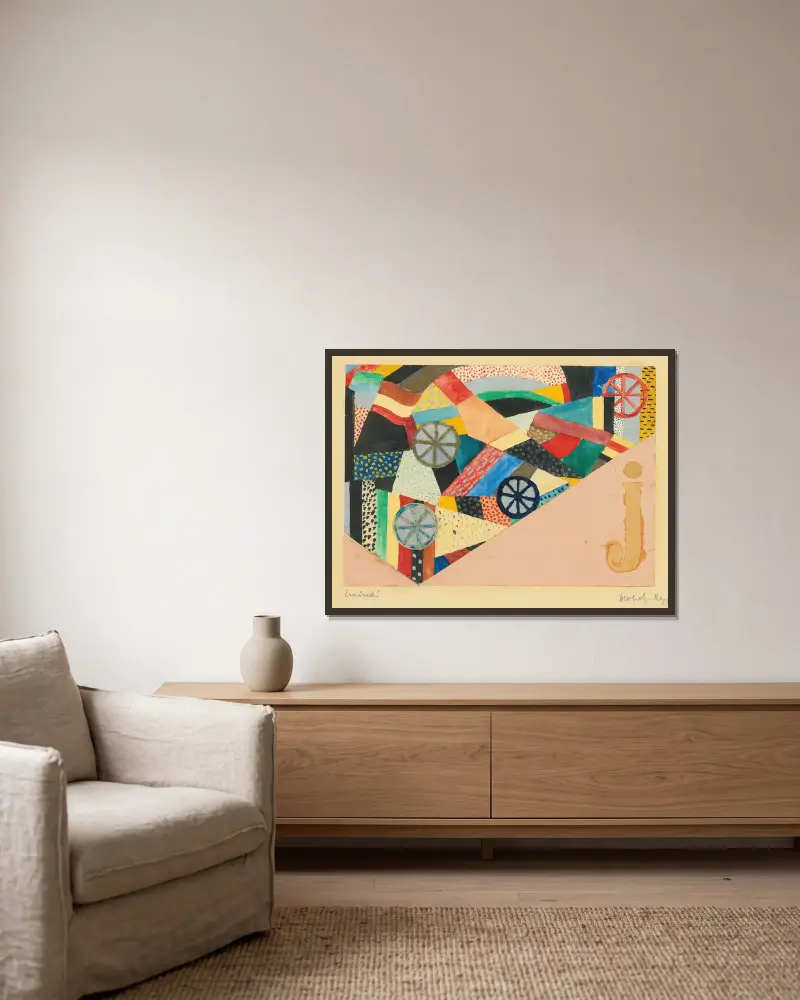 Ohne Titel (J Under Fields; For Ernst Kallai), 1920 von László Moholy-Nagy gerahmt an einer Wand