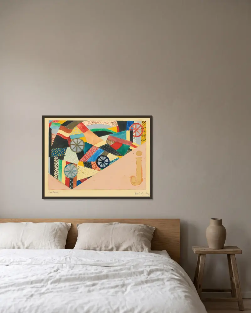 Ohne Titel (J Under Fields; For Ernst Kallai), 1920 von László Moholy-Nagy gerahmt an einer Wand