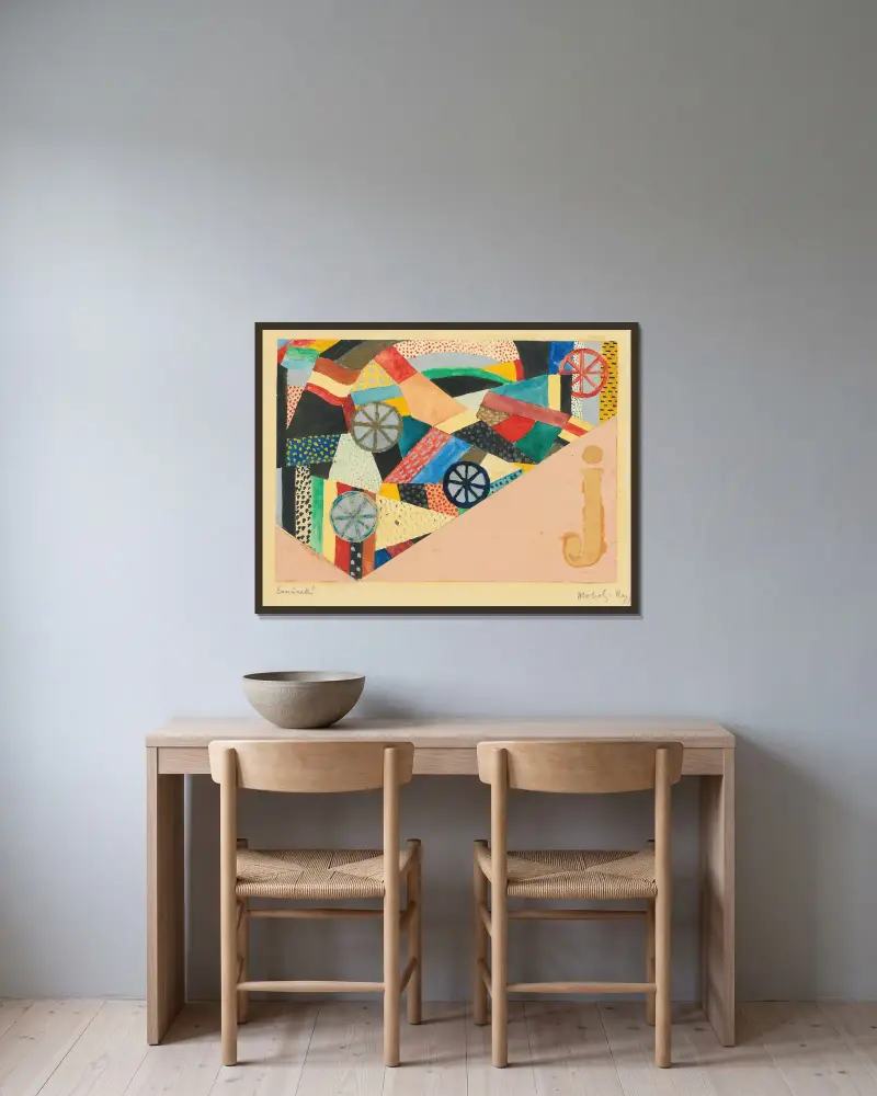 Ohne Titel (J Under Fields; For Ernst Kallai), 1920 von László Moholy-Nagy gerahmt an einer Wand