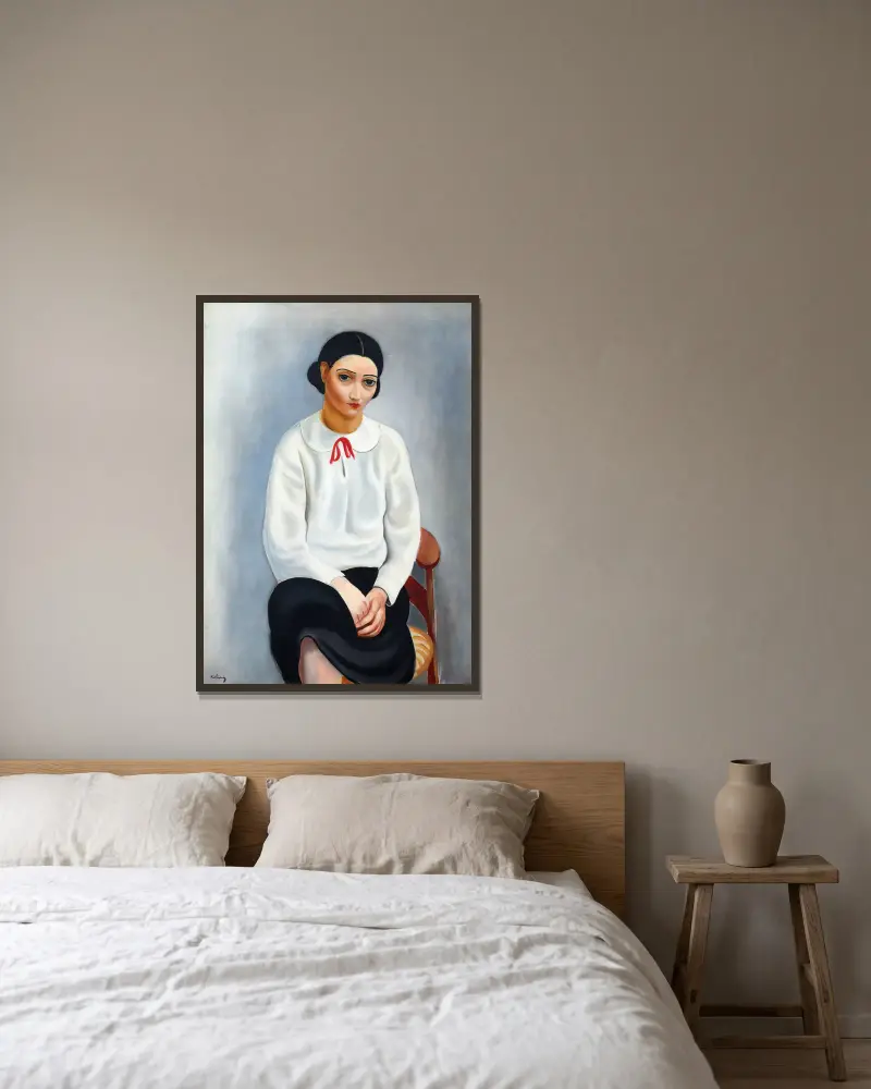 Kvinna i vit blus av Moïse Kisling inramad på en vägg