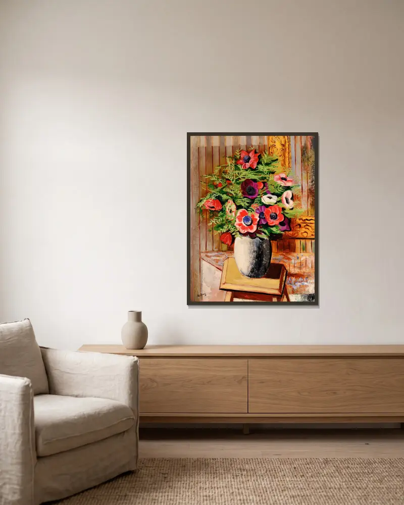 Vase de fleurs sur un tabouret av Moïse Kisling inramad på en vägg