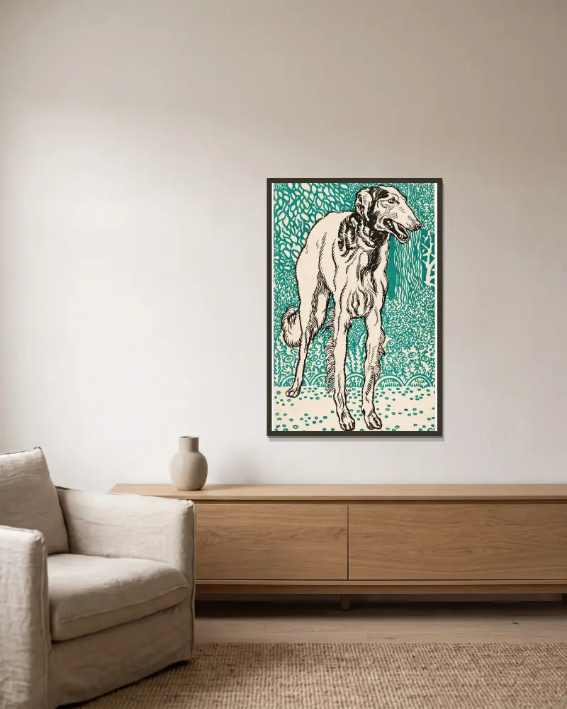 Nr. 677: Windhund (Greyhound) av Moriz Jung inramad på en vägg