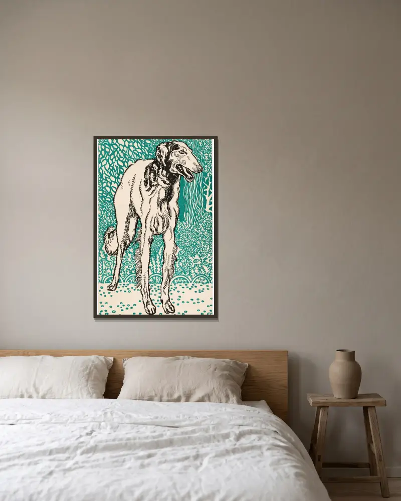 Nr. 677: Windhund (Greyhound) av Moriz Jung inramad på en vägg