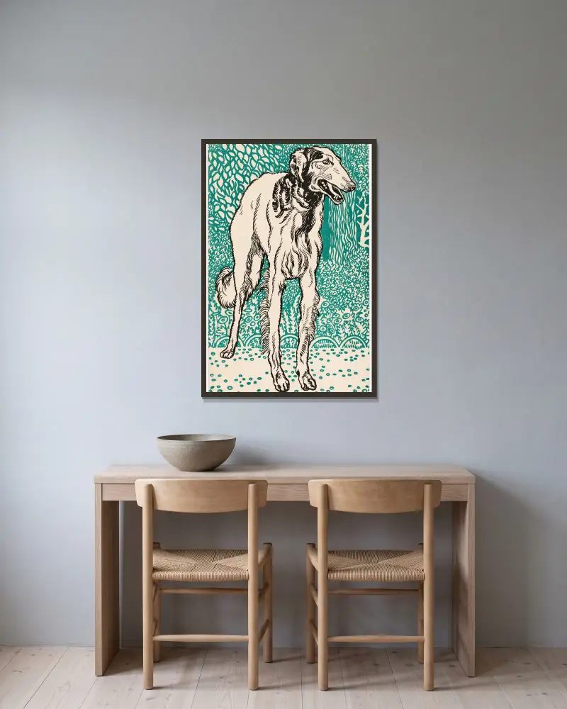Nr. 677: Windhund (Greyhound) av Moriz Jung inramad på en vägg