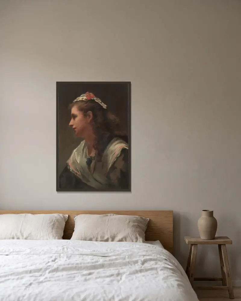 His First Model-Miss Russell av William Morris Hunt inramad på en vägg