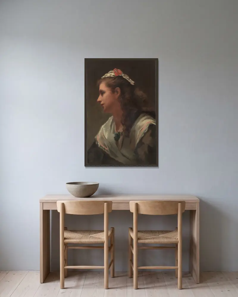 His First Model-Miss Russell av William Morris Hunt inramad på en vägg