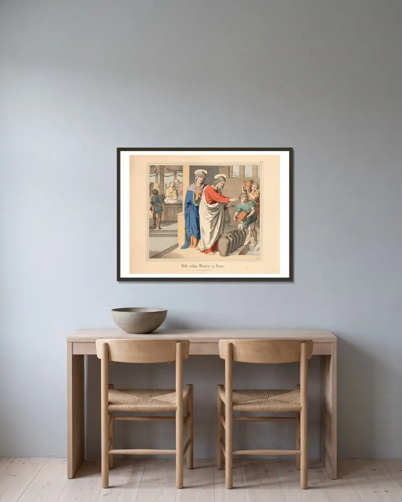 Jesu erstes Wunder zu Kana von Johann Nepomuk Heinemann gerahmt an einer Wand