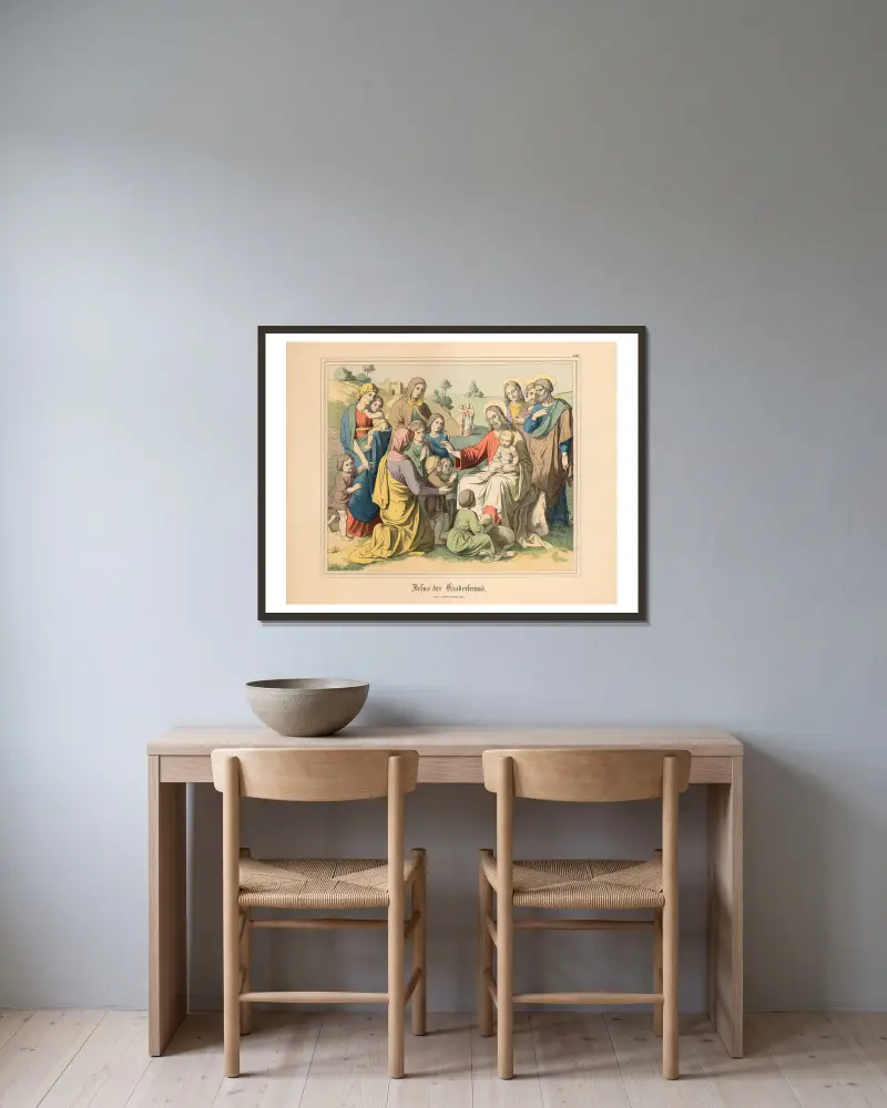 Jesus der Kinderfreund von Johann Nepomuk Heinemann gerahmt an einer Wand