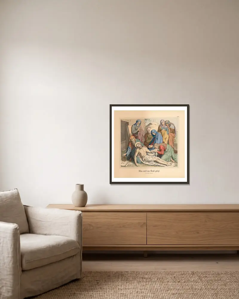 Jesus wird ins Grab gelegt von Johann Nepomuk Heinemann gerahmt an einer Wand