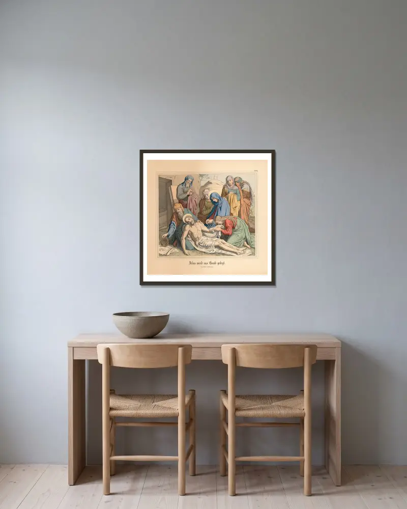 Jesus wird ins Grab gelegt von Johann Nepomuk Heinemann gerahmt an einer Wand